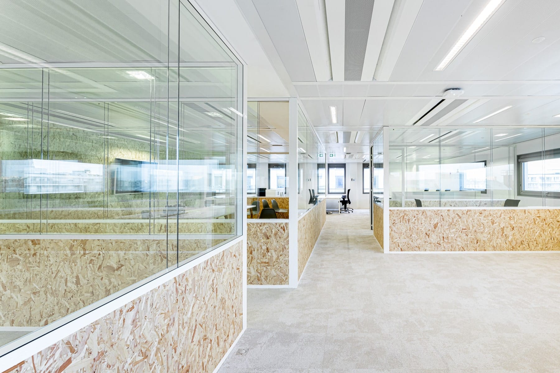 Bureau en concept ouvert avec des cloisons en verre et des panneaux en bois OSB, offrant un espace de travail contemporain et durable