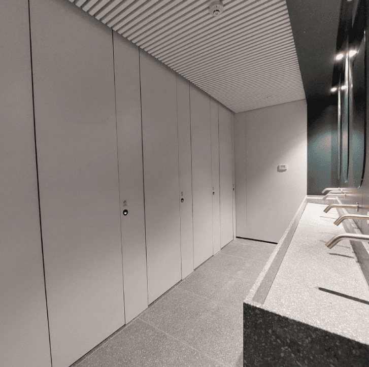 Salle de bain minimaliste avec des cabines grises élégantes, un comptoir en granit et des installations modernes