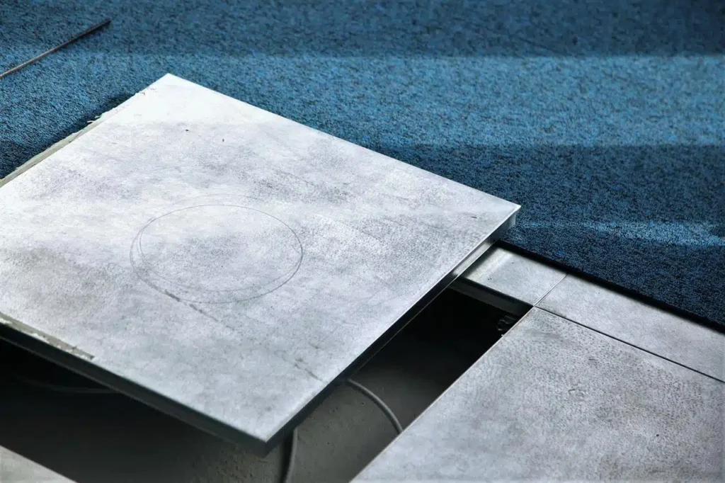 Carreau de plancher surélevé soulevé, révélant la base en béton sous un tapis bleu