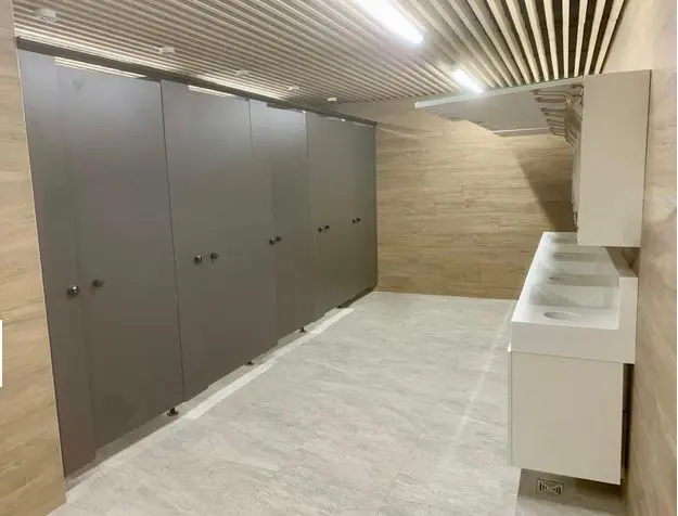 Installation de cloisons sanitaires modernes dans la Télécabine de Morgins, avec finitions soignées et aménagement durable des espaces sanitaires.