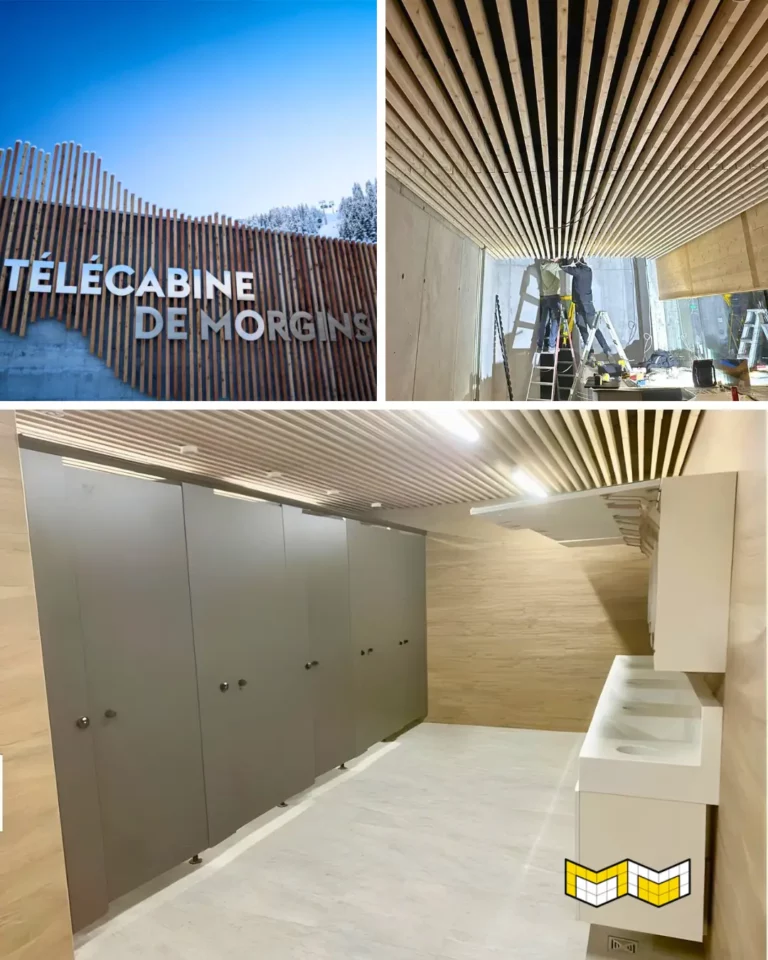 Installation d’un faux-plafond en bois dans la station de la Télécabine de Morgins afin d’apporter une finition esthétique et chaleureuse au bâtiment.